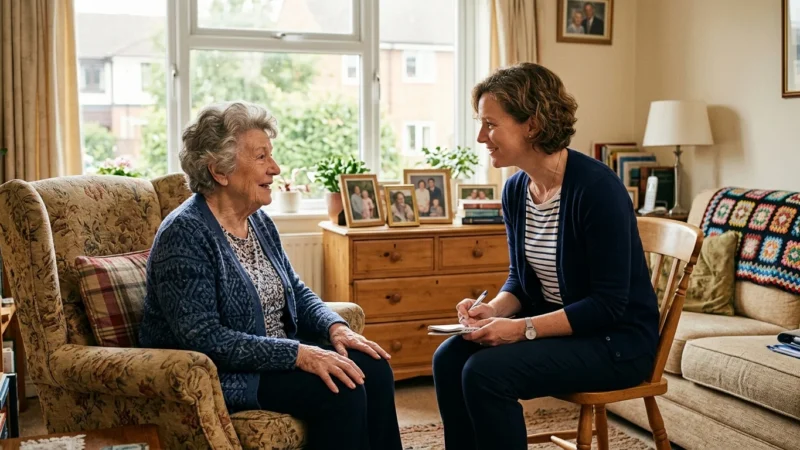An older woman speaks with a compassionate female ombudsman in a sunlit apartment, showcasing supportive advocacy.