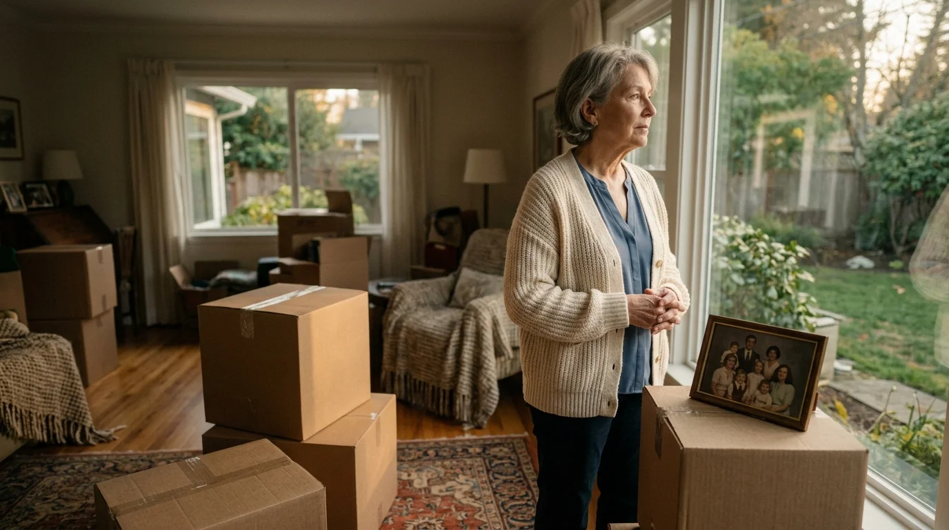 An older woman stands quietly by her window next to packed moving boxes, reflecting on a major life transition.