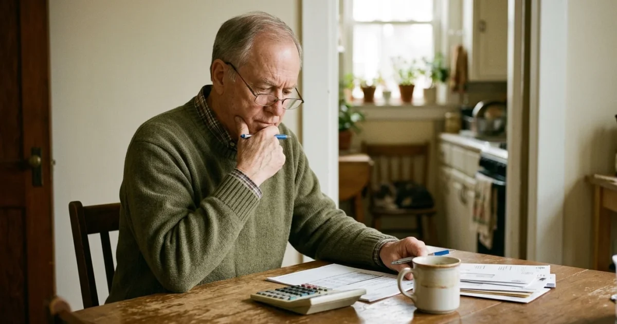 Senior man wearing glasses and a sweater sits at a wooden table reviewing paperwork beside a calculator and a coffee mug.