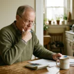 Senior man wearing glasses and a sweater sits at a wooden table reviewing paperwork beside a calculator and a coffee mug.