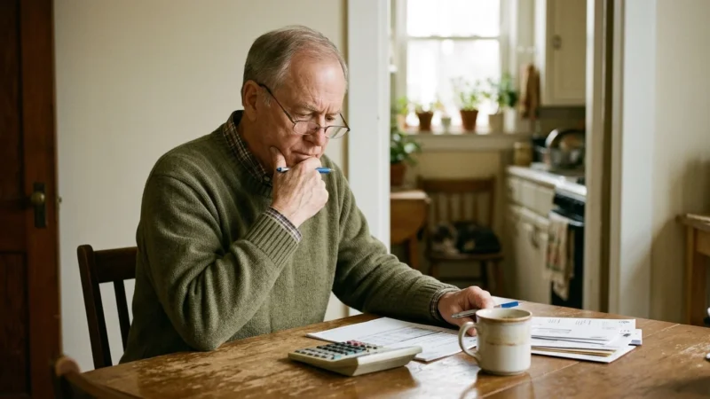 Senior man wearing glasses and a sweater sits at a wooden table reviewing paperwork beside a calculator and a coffee mug.