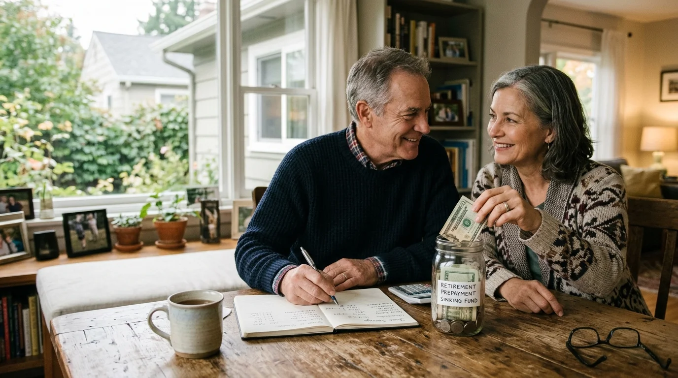 Older couple budgeting at a wooden table while putting cash into a jar labeled Retirement Prepayment Sinking Fund.