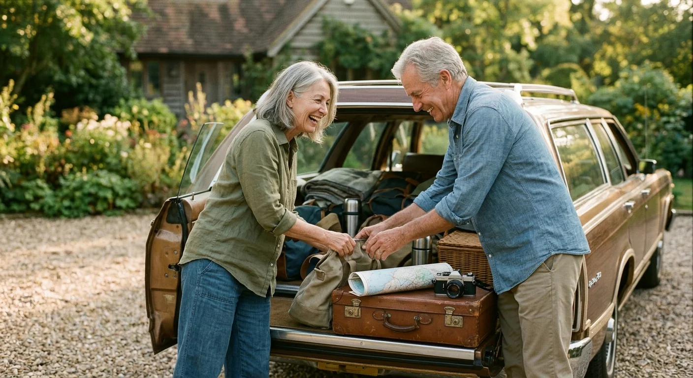 Candid 35mm photograph of an active retired couple packing their car trunk for a scenic road trip.