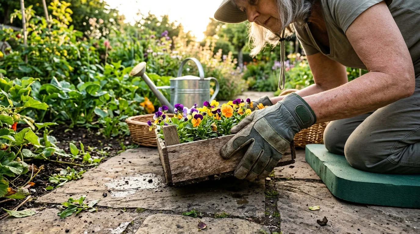 Close-up of a gardener's hands wearing ergonomic gloves, lifting a wooden tray of pansies while kneeling on a protective pad.