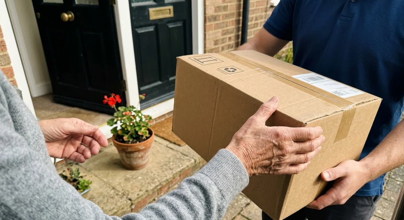 Close-up of a senior woman’s hands accepting a box of delivered groceries at her clean front doorstep in bright morning light.