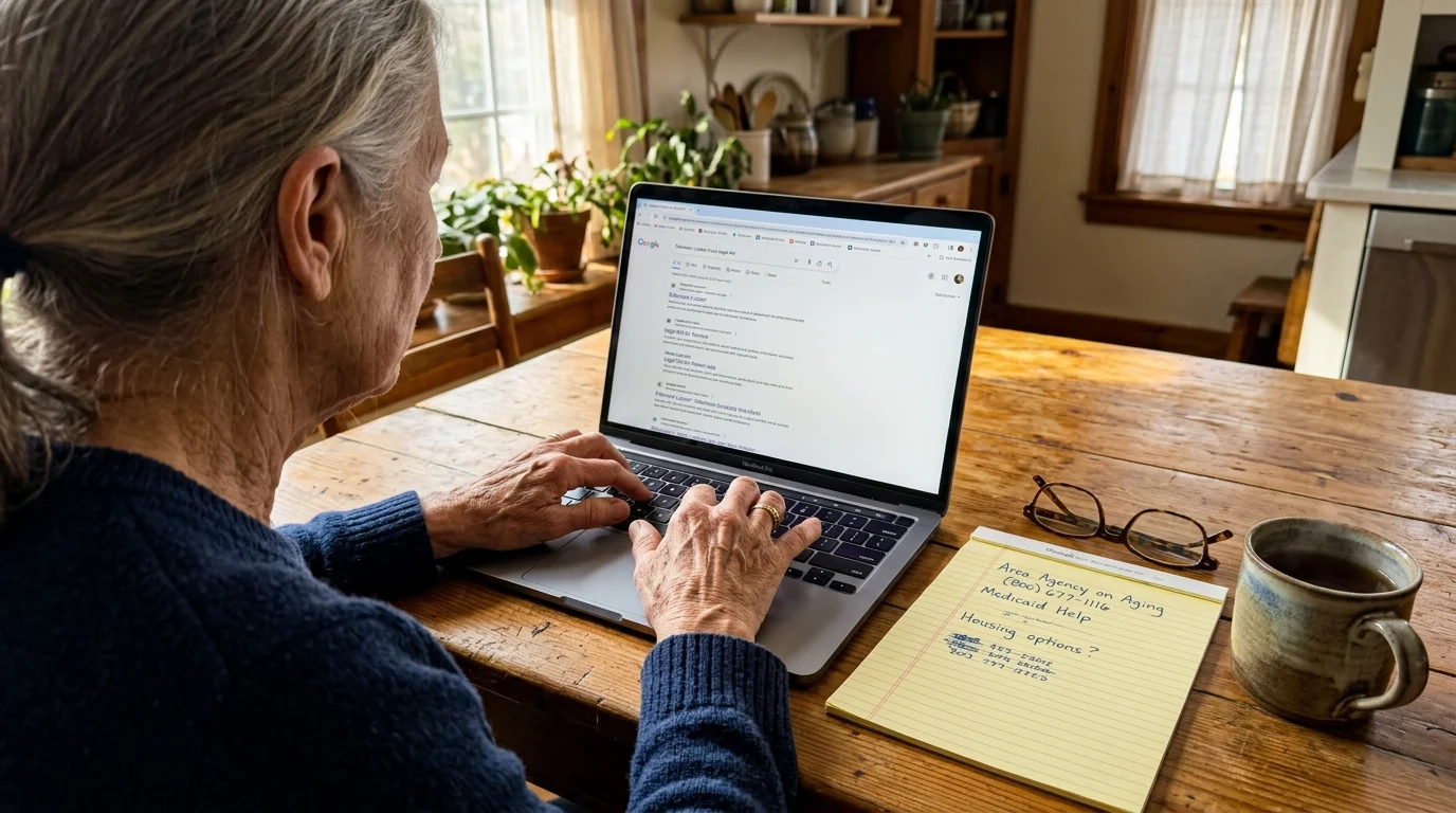 Close-up of a senior woman's hands using a laptop to search for local legal aid resources on a wooden table.