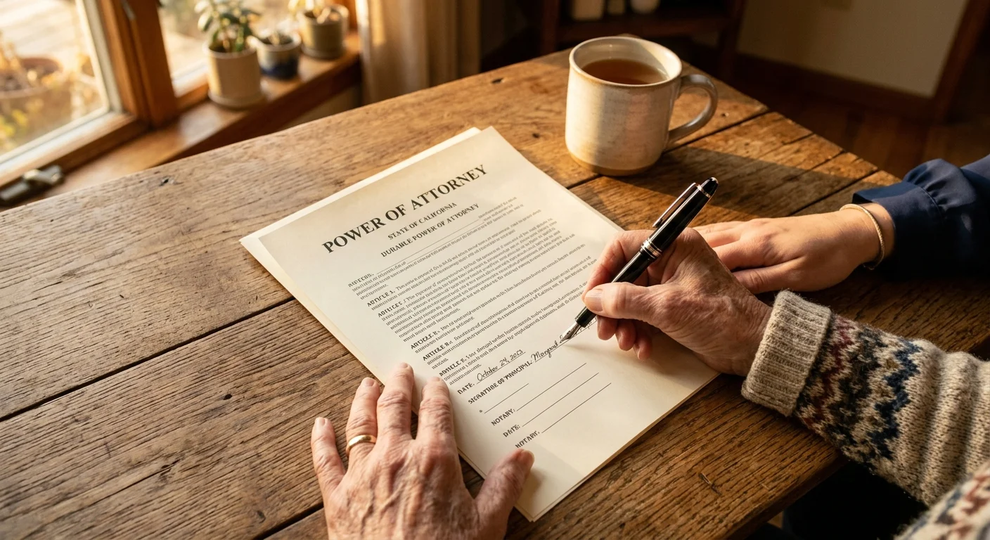 Close-up of an older adult preparing to sign a Power of Attorney document on a sunlit wooden table.