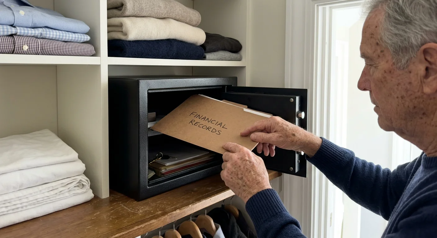 Close-up of an older adult’s hands securing financial records inside a home safe.
