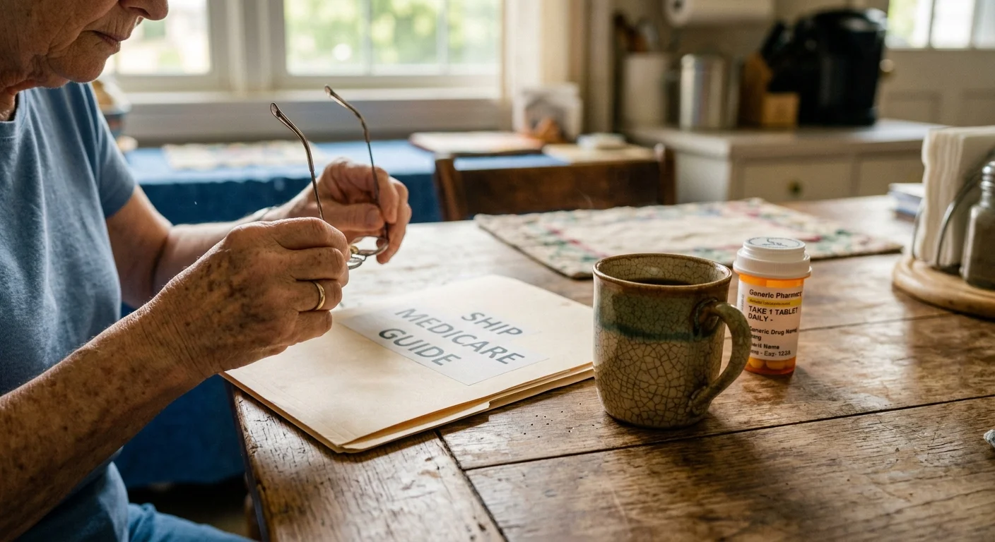 Close-up photo of a kitchen table with a SHIP Medicare Guide folder, reading glasses, and a prescription bottle.