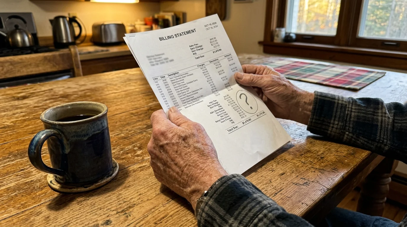 Close-up photograph of an older person's hands holding a confusing billing document at a kitchen table.