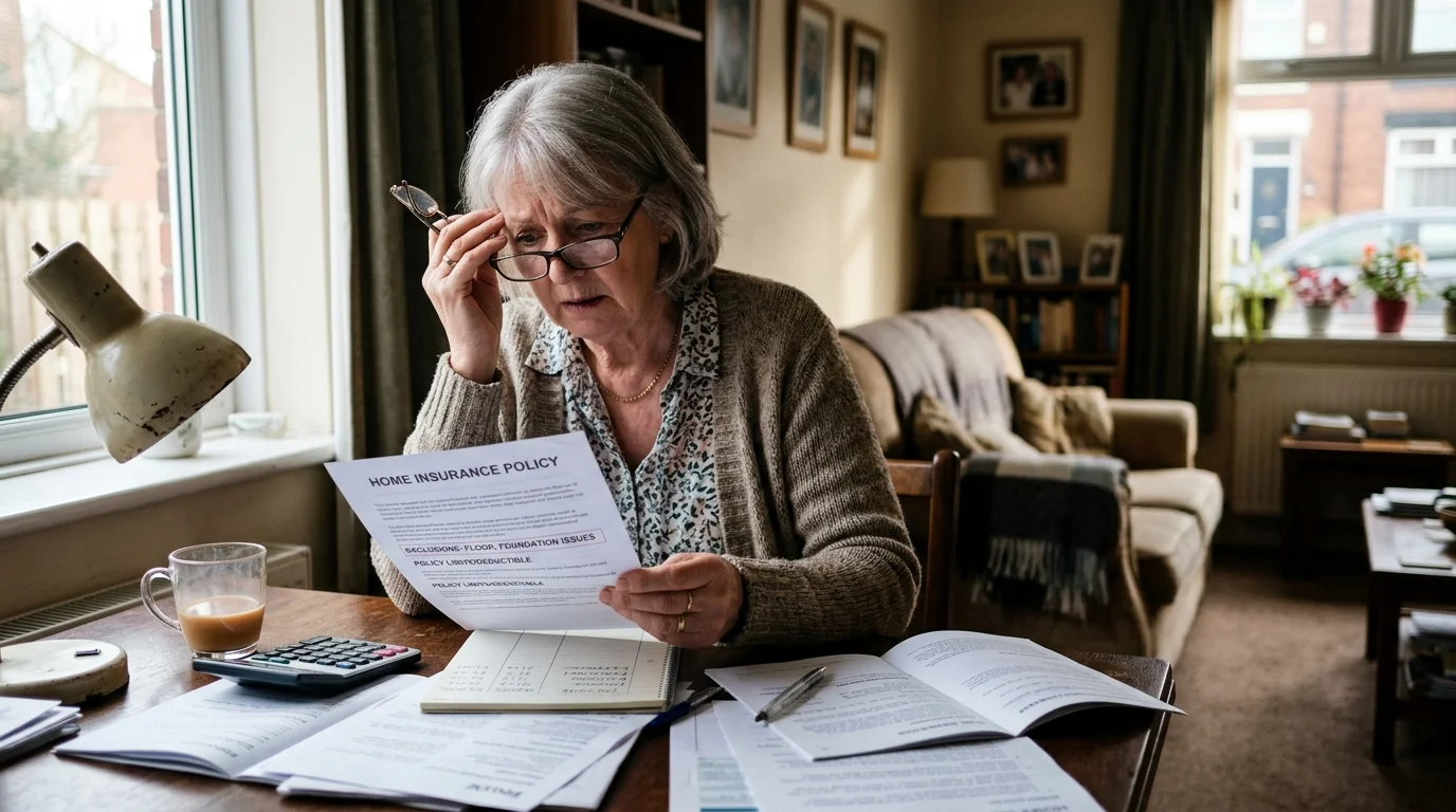 Stressed older woman sitting at a table reviewing a home insurance policy surrounded by paperwork, calculator, and coffee.