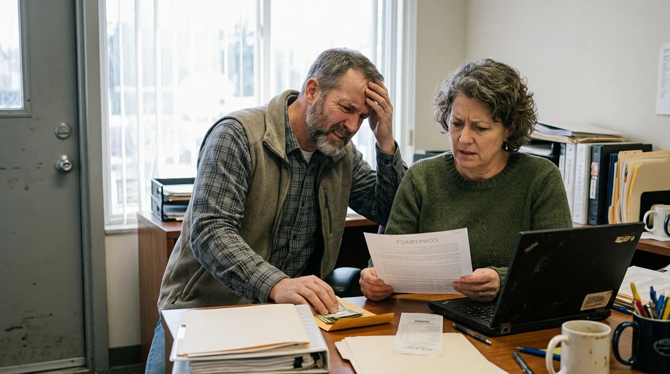 Stressed man and woman reviewing a paper contract at an office desk with a laptop and cash.