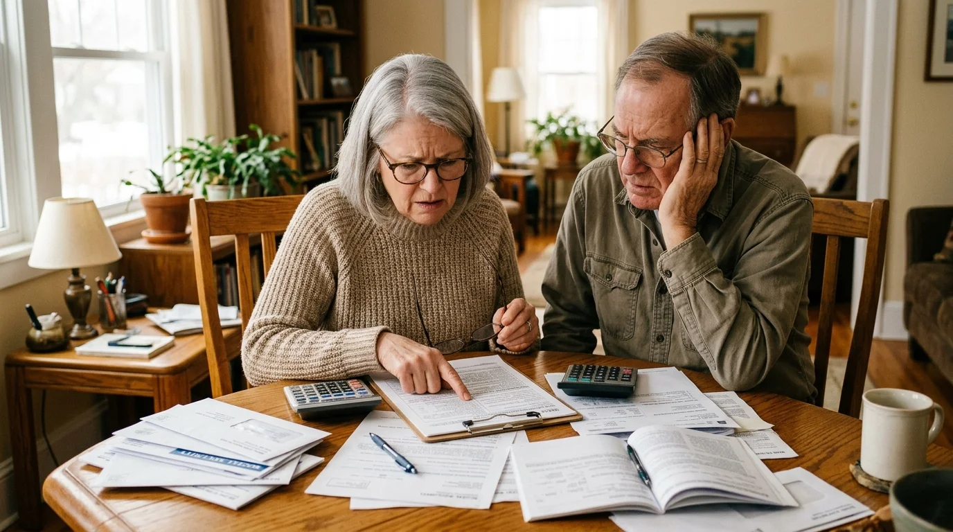 Senior couple sitting at a wooden dining table looking stressed while reviewing financial paperwork with calculators.
