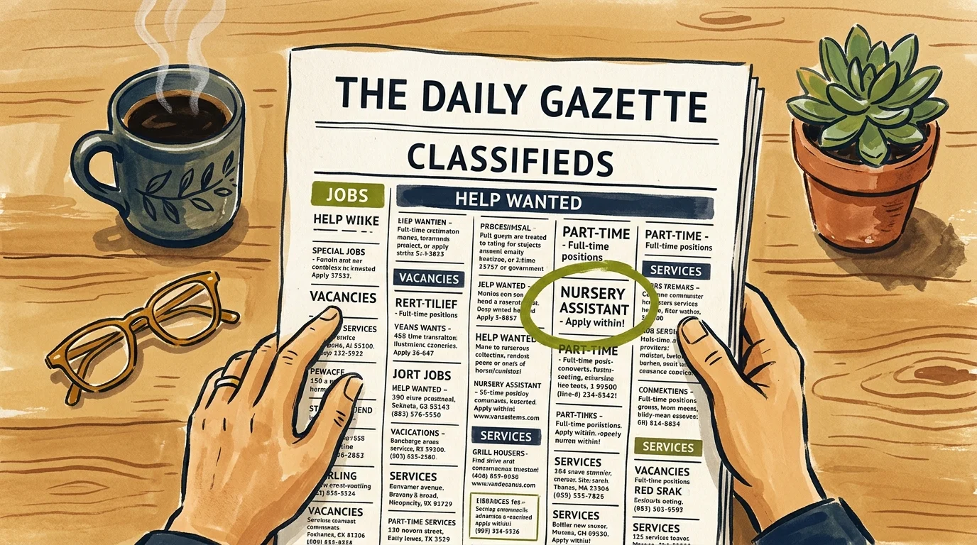 Cozy illustration of a desk with a newspaper open to job listings, a coffee mug, and a potted succulent.
