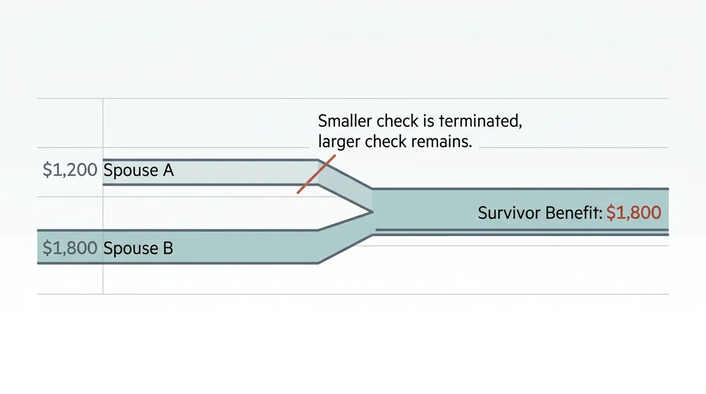 Diagram showing how a household transitions from two individual Social Security checks to a single, larger survivor check.