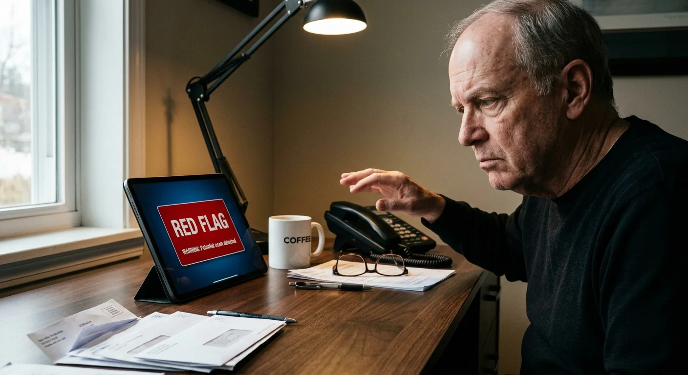 Documentary photo of a senior looking skeptically at a tablet screen displaying a warning, hesitating near a telephone.