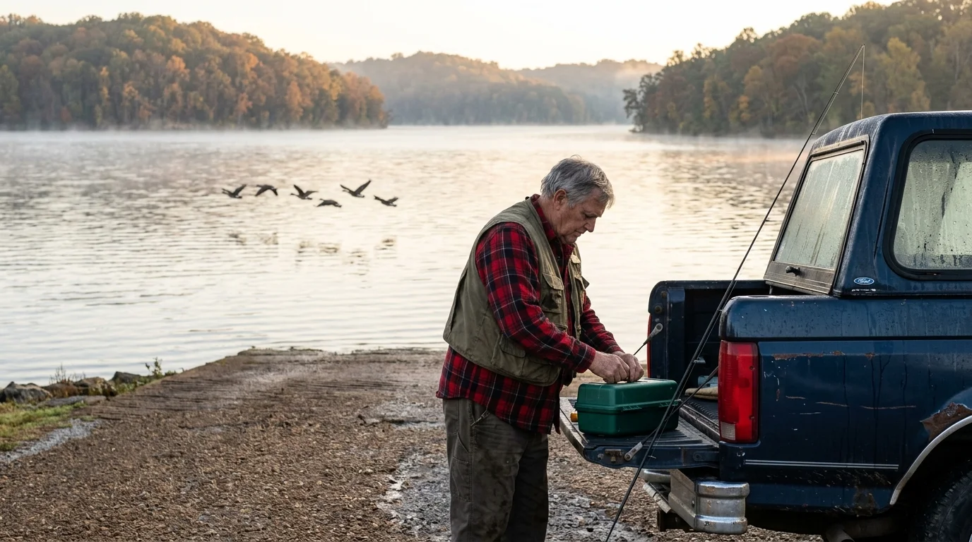 A man opens a tackle box on a pickup truck tailgate beside a calm lake with flying waterfowl and autumn trees.
