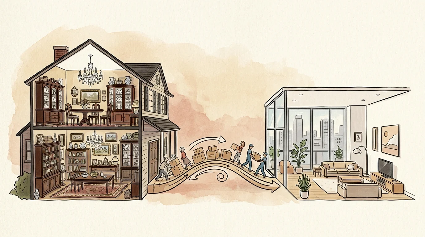 Illustration of people moving boxes from a crowded traditional house into a minimalist modern apartment.