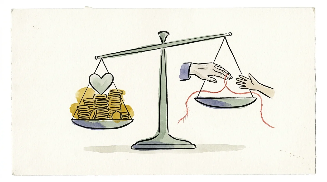 Editorial illustration of a scale balancing a heart and coins, with a frayed red thread symbolizing compromised trust.