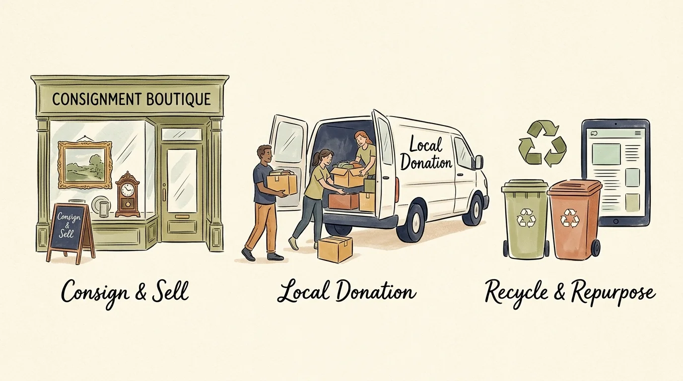 Three illustrations labeled Consign & Sell, Local Donation, and Recycle & Repurpose with storefront, van, and bins.