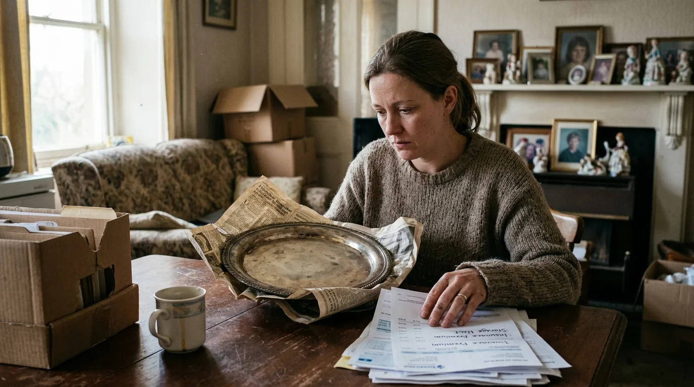 A woman sitting at a table with paperwork and an unwrapped vintage silver platter surrounded by packing boxes.