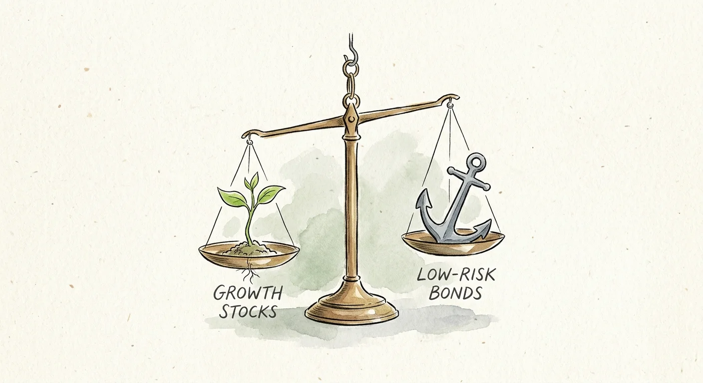 Editorial watercolor illustration of a brass scale balancing a green seedling for stocks and an anchor for bonds.
