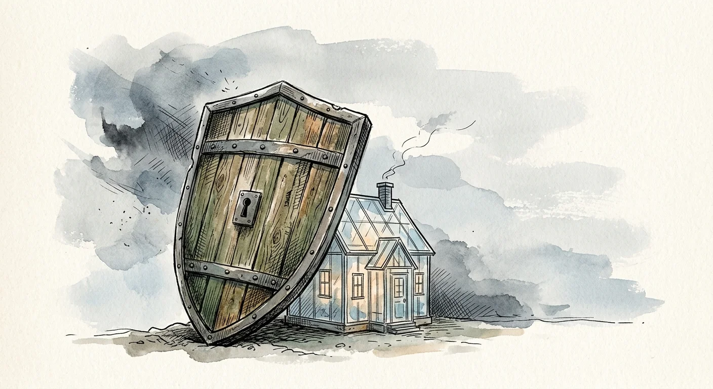 Editorial watercolor illustration of a protective wooden shield guarding a small glass home, representing safety and fraud protection.