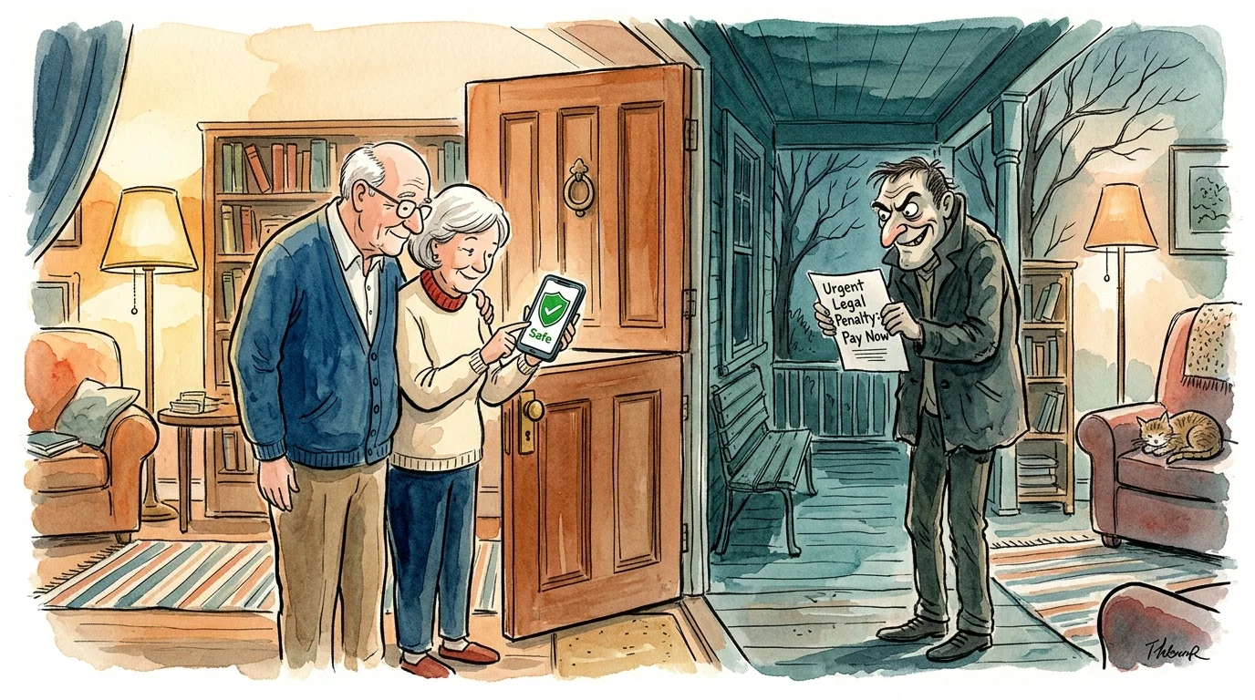 Editorial watercolor illustration of a retired couple safely inside their home, ignoring a suspicious mail solicitor.
