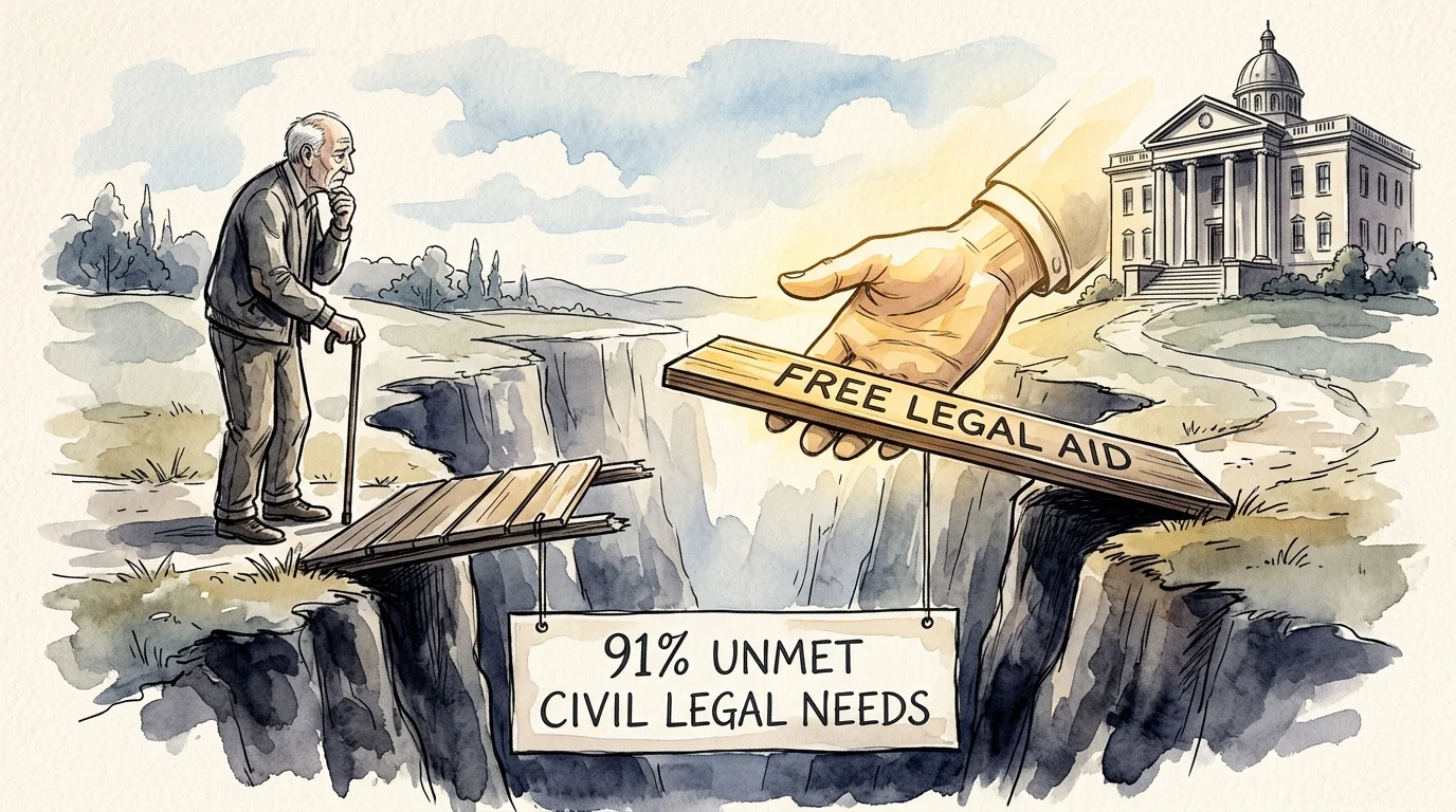 Editorial watercolor illustration of a senior man looking across a gap toward a courthouse, with a legal aid bridge closing the gap.