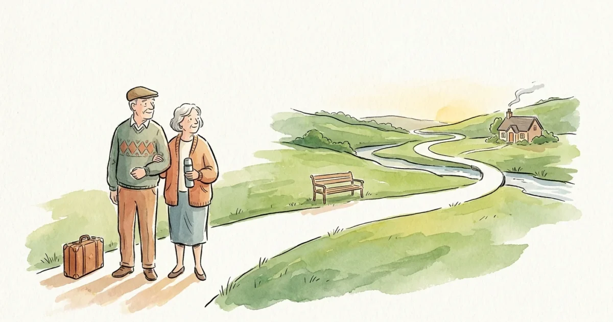 Editorial watercolor illustration of an older couple looking down a winding garden path representing their retirement journey.