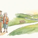 Editorial watercolor illustration of an older couple looking down a winding garden path representing their retirement journey.