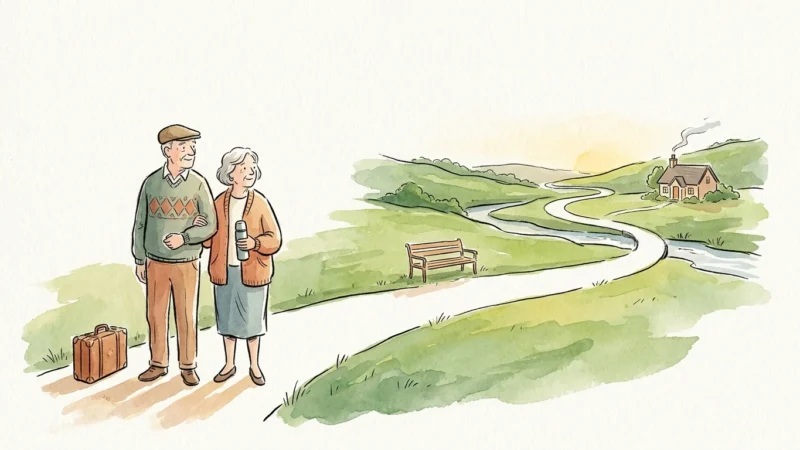 Editorial watercolor illustration of an older couple looking down a winding garden path representing their retirement journey.