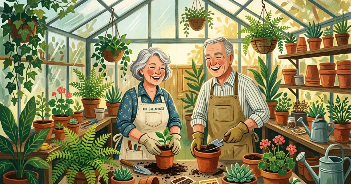 Gouache illustration of a happy senior couple potting vibrant green plants inside a sun-drenched greenhouse.