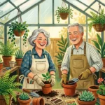 Gouache illustration of a happy senior couple potting vibrant green plants inside a sun-drenched greenhouse.