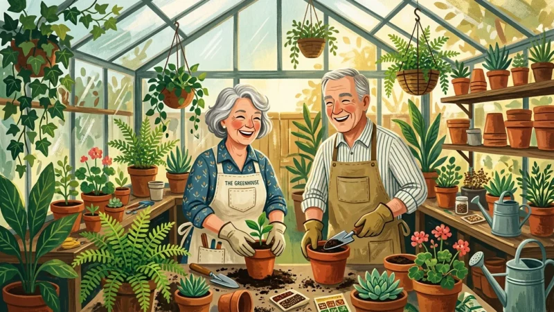 Gouache illustration of a happy senior couple potting vibrant green plants inside a sun-drenched greenhouse.