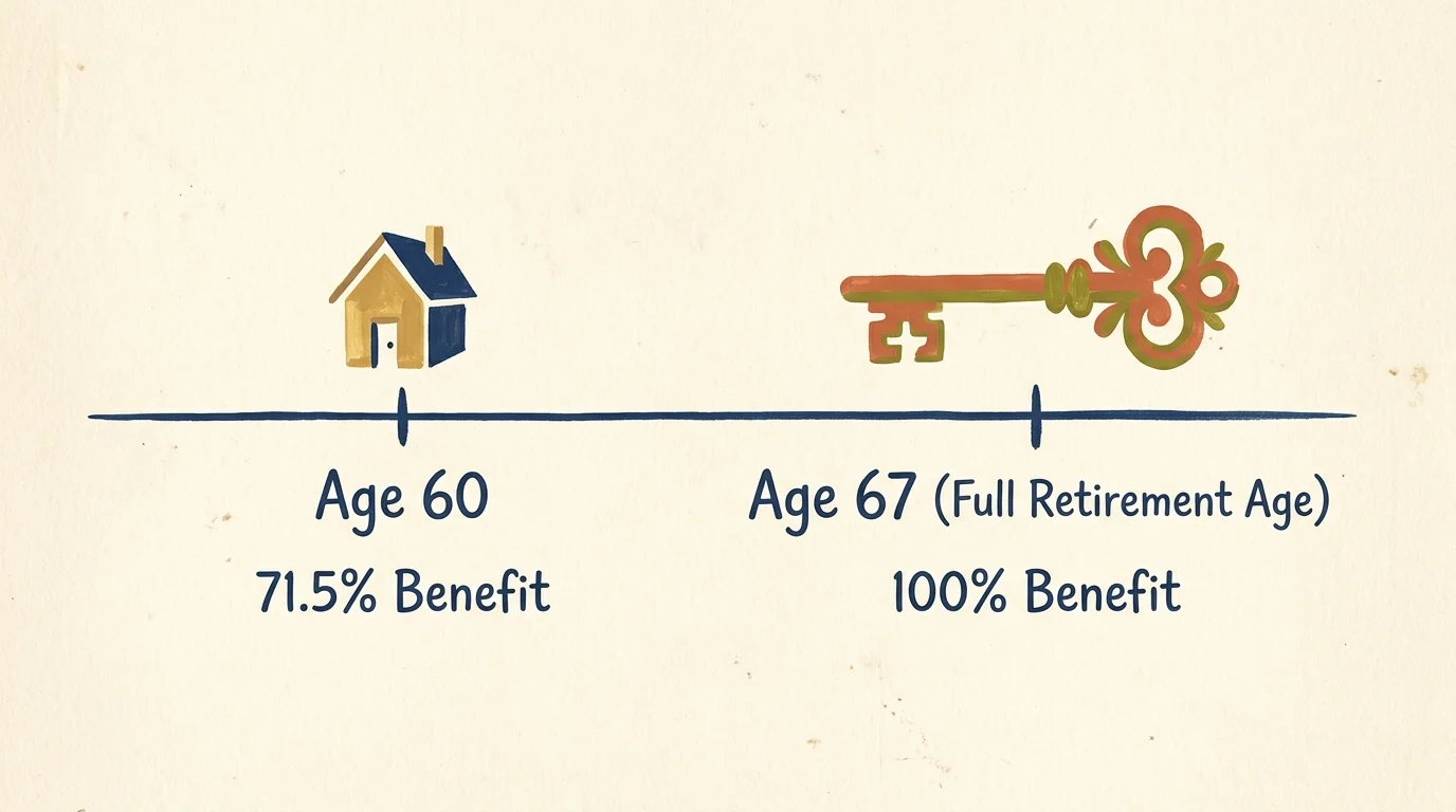 Gouache illustration of a timeline showing benefit differences between claiming at Age 60 versus Full Retirement Age.