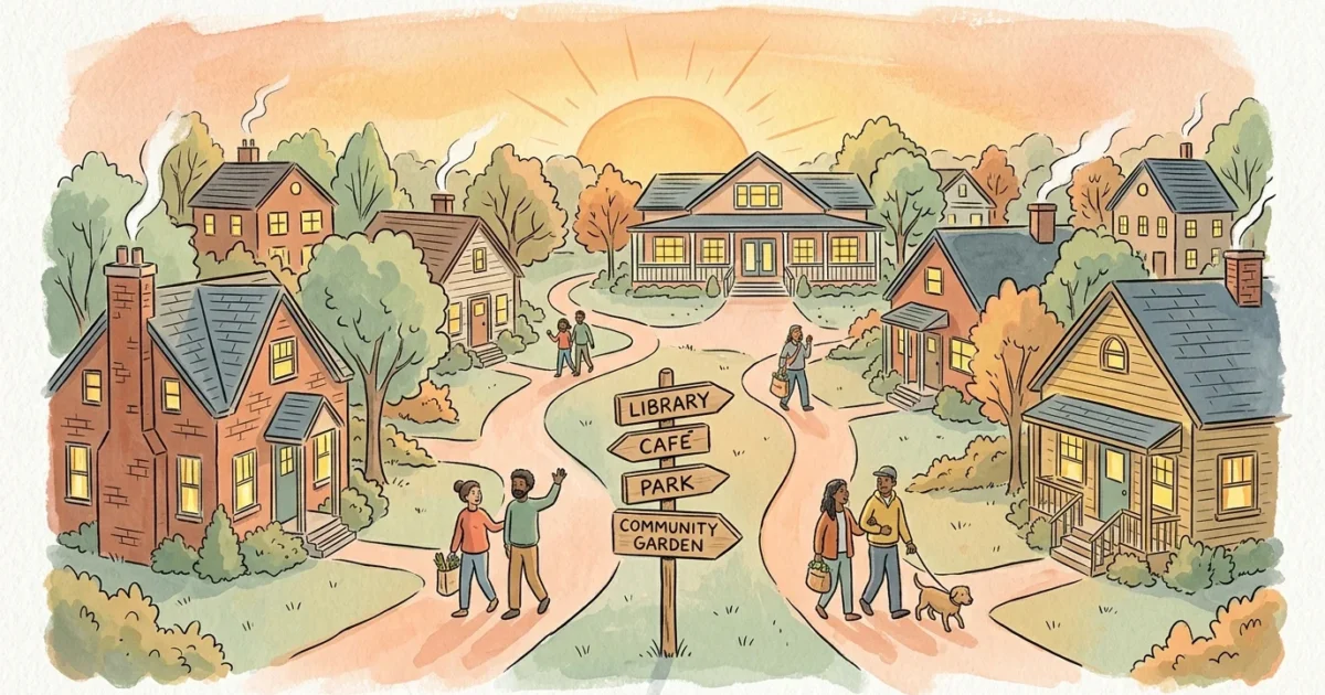 Gouache illustration of a warm, connected neighborhood with cozy homes and a pathway leading to a community center.
