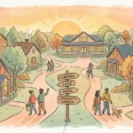 Gouache illustration of a warm, connected neighborhood with cozy homes and a pathway leading to a community center.