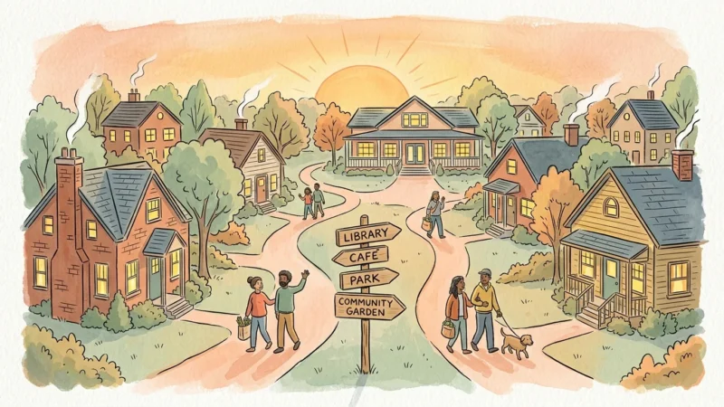 Gouache illustration of a warm, connected neighborhood with cozy homes and a pathway leading to a community center.
