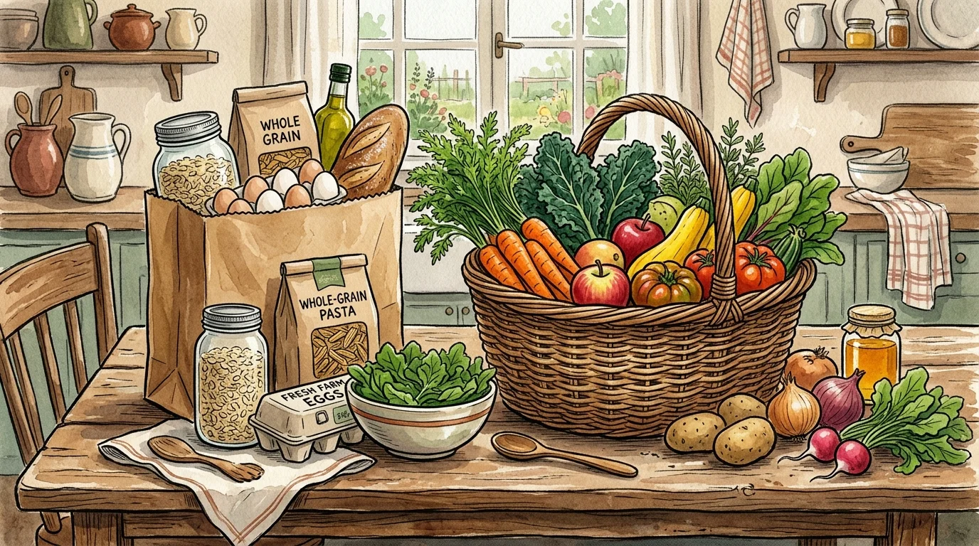 Gouache illustration of a wooden table filled with a basket of fresh vegetables and brown paper bags of wholesome pantry staples.