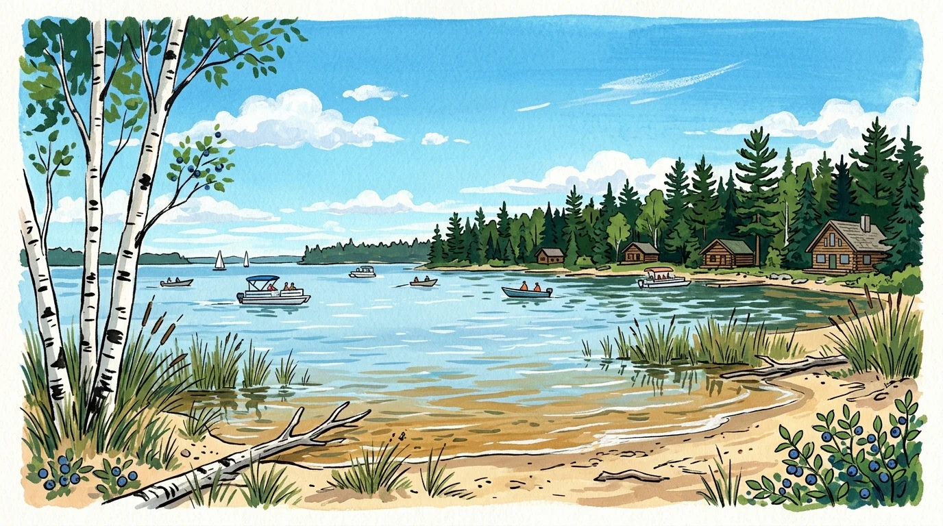 Watercolor illustration of boats on a sunny lake lined with pine trees, birch trees, and wooden cabins along the shore.