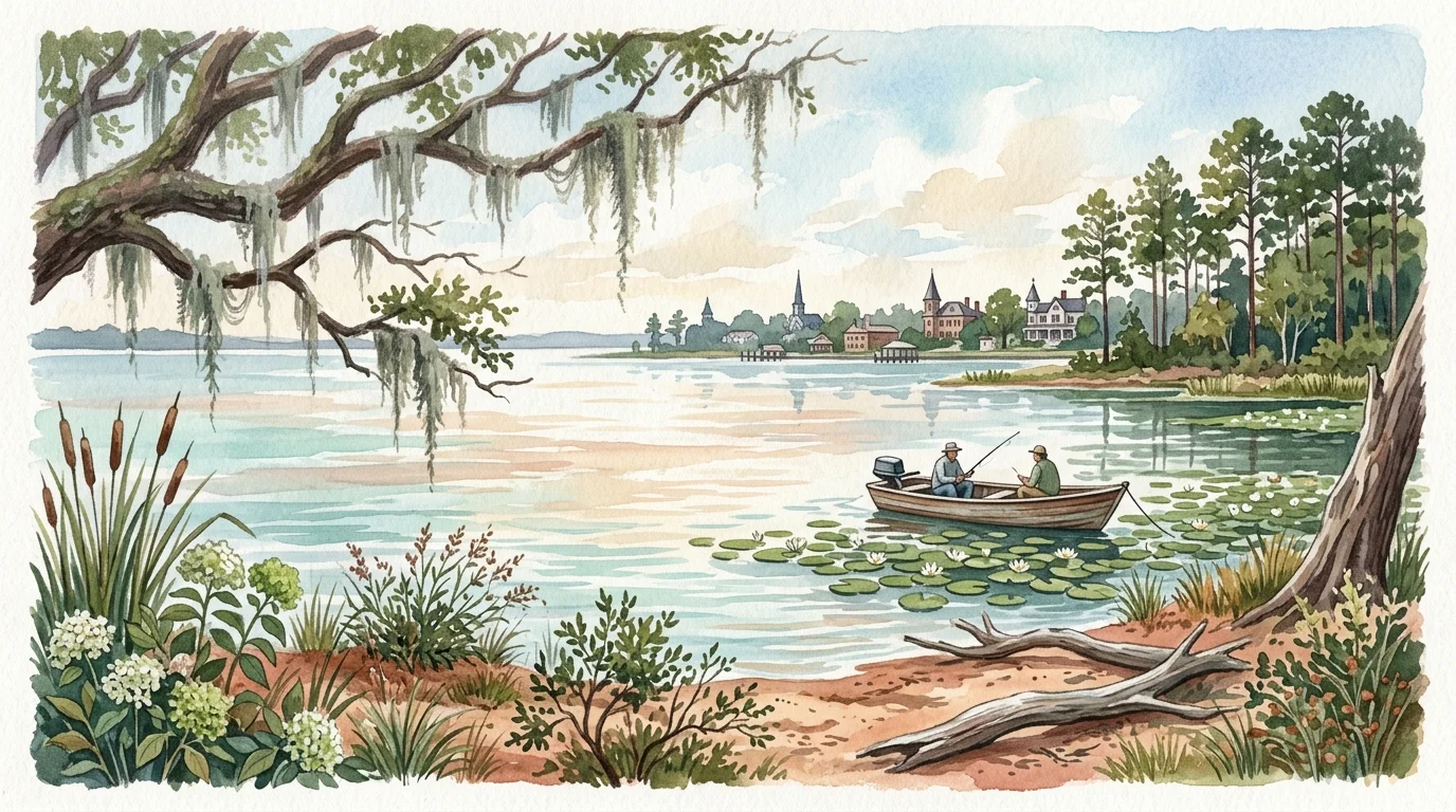 Watercolor painting of two people fishing in a small boat on a calm lake with historic town buildings in the distance.