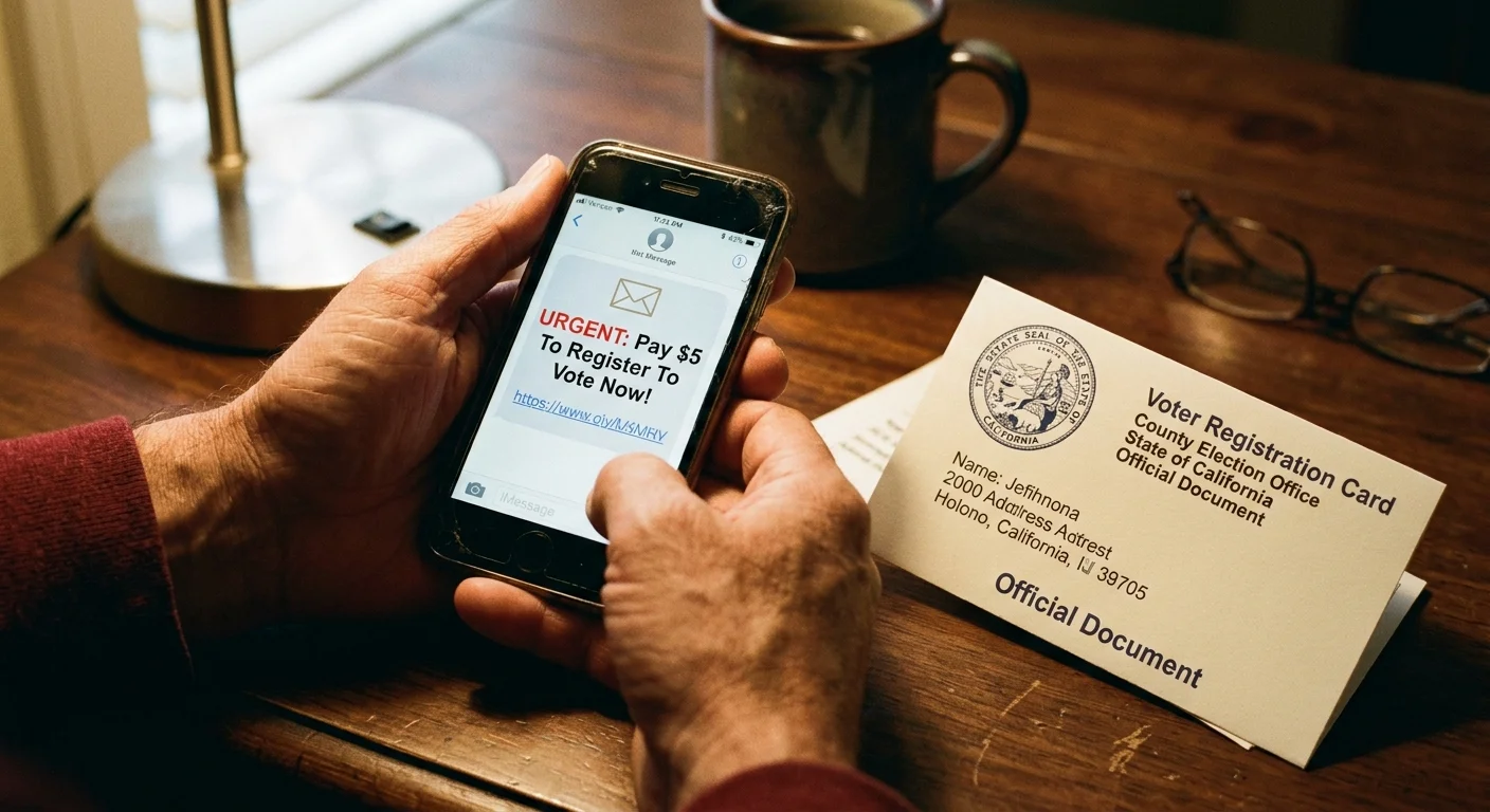 Hands holding a smartphone showing a suspicious text message next to an official, free voter registration card on a wooden table.