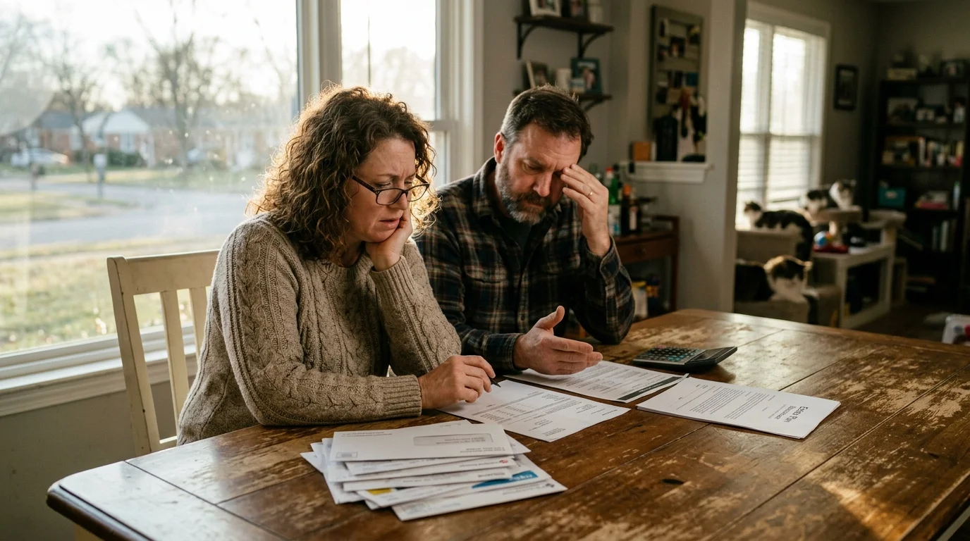 Stressed man and woman sitting at a dining table reviewing financial paperwork, envelopes, and a calculator.
