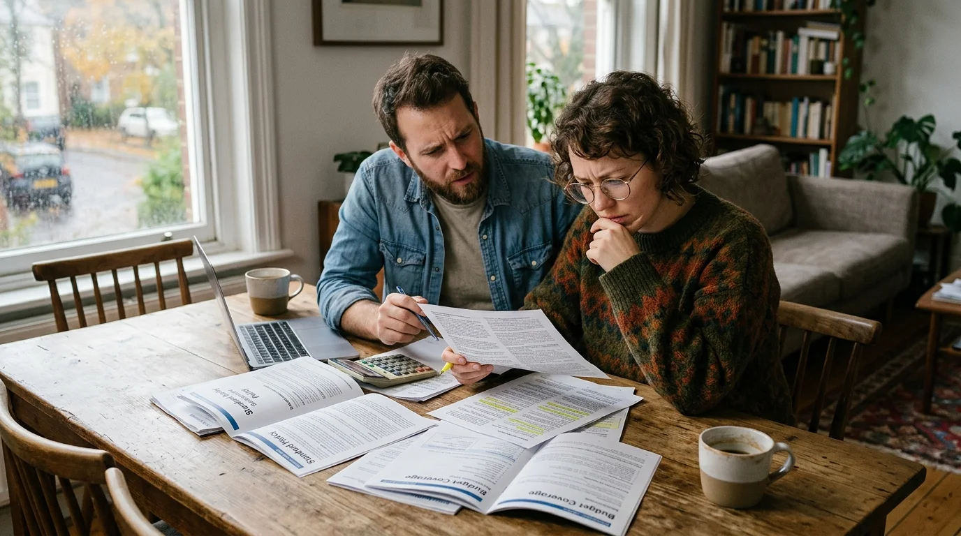 A man and woman looking concerned while reviewing printed policy documents and papers at a wooden dining table.