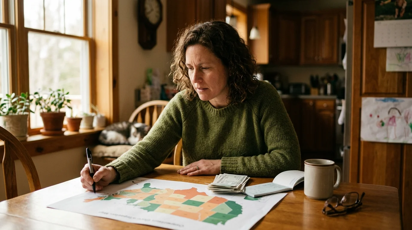 A woman sitting at a wooden dining table reviewing papers and writing on a color-coded map of the United States.