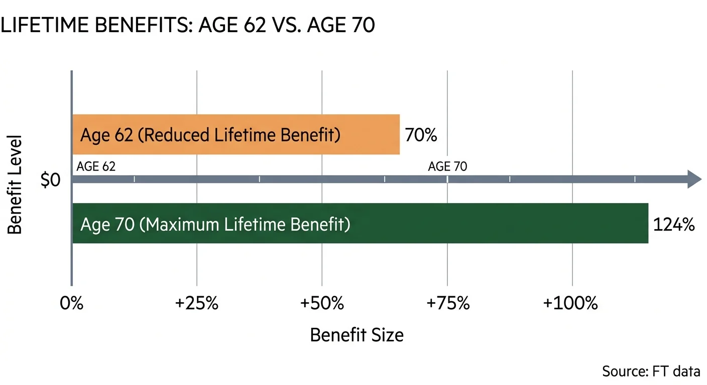 Horizontal bar chart diagram illustrating the difference in lifetime benefit sizes when claiming at age 62 versus age 70.