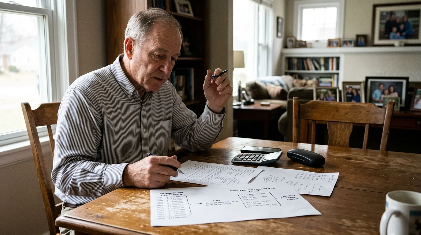 A man sits at a wooden dining table reviewing papers, diagrams, and a calculator in a sunlit living room.