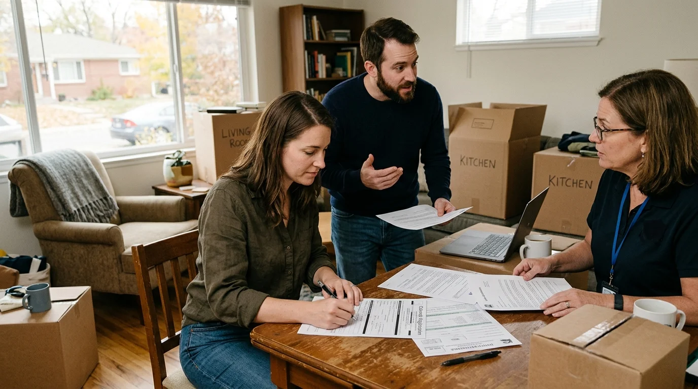 Couple reviewing and signing paperwork at a table with a professional surrounded by cardboard moving boxes.