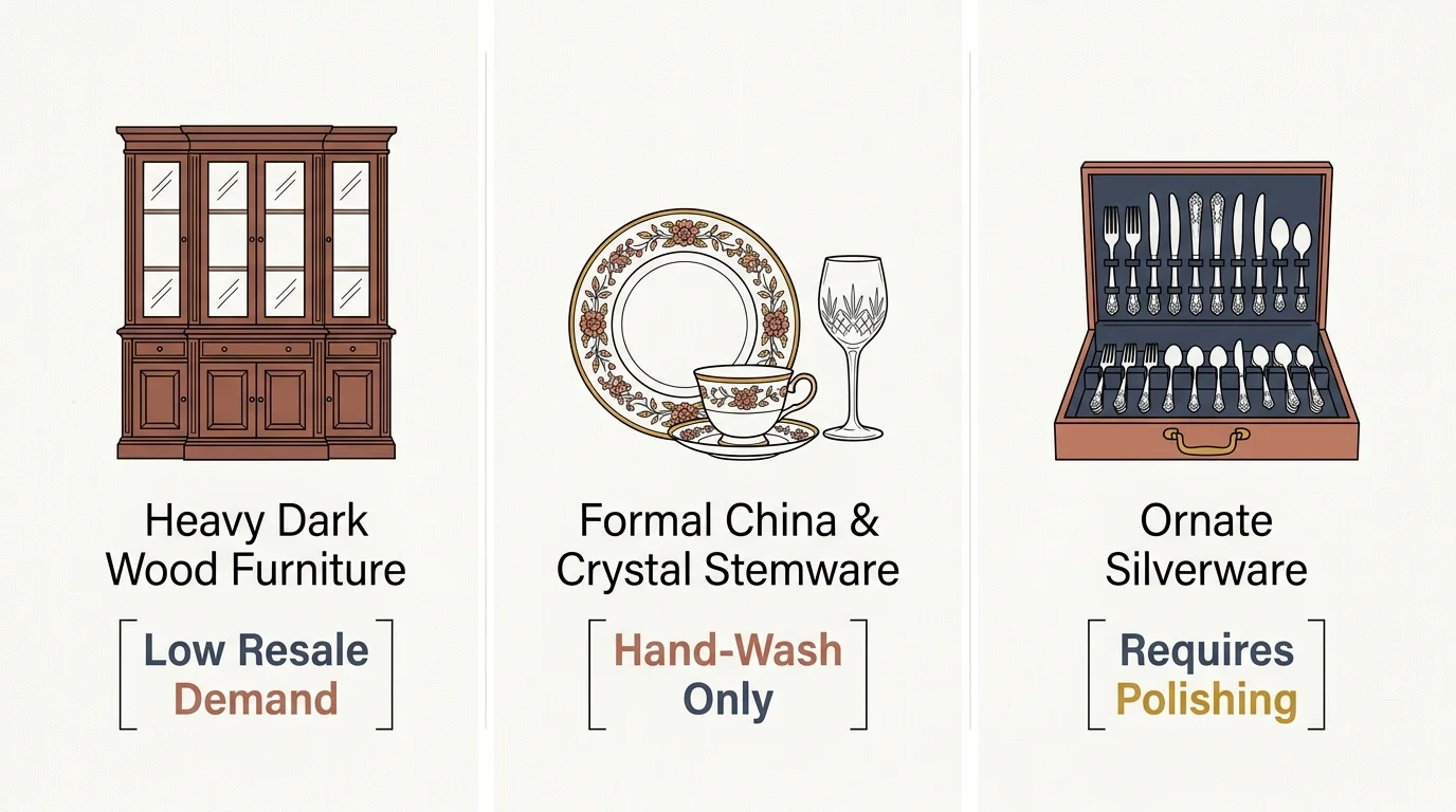 Infographic of dark wood furniture, china with crystal stemware, and ornate silverware with drawbacks noted below.